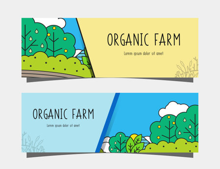 Organic simple Farm rural scene cartoon simple style illustration banner. Background backdrop vector templateのイラスト素材
