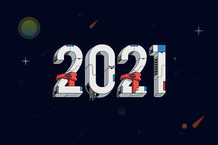 2021 year number with cyber robotic futuristic illustration style. Vector template