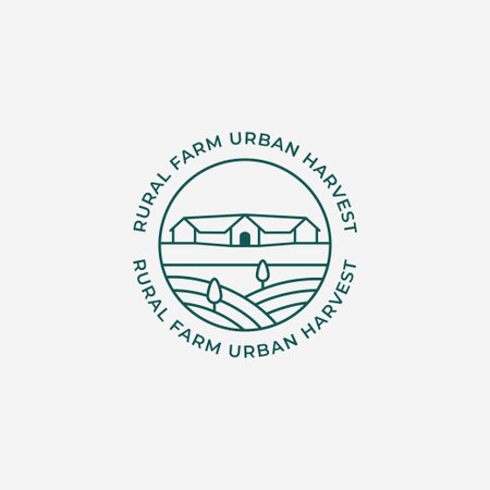 Village barn with field rural countryside farm linear circle badge icon symbol design vector illustrationのイラスト素材