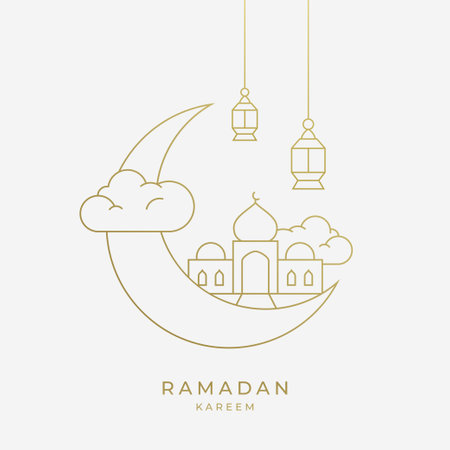 Ramadan Kareem greeting card with mosque, lanterns and moon. Linear stylish golden color Vector illustrationのイラスト素材