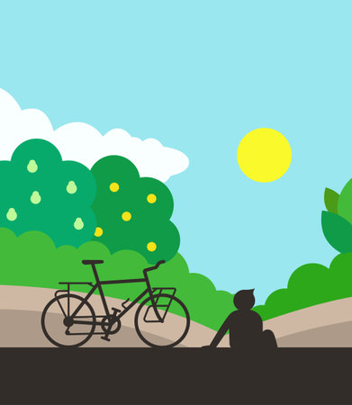 Man with bicycle at outdoor nature landscape view summer vibes vector illustrationのイラスト素材