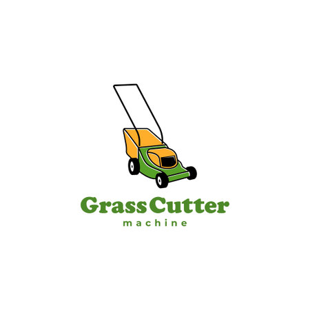 Lawn mower grass cutter machine logo template. Lawn mower vector icon illustration.のイラスト素材