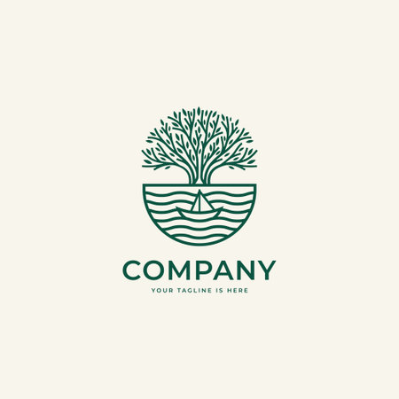 Big tree with ocean waves and sail boat abstract linear loo design conceptのイラスト素材