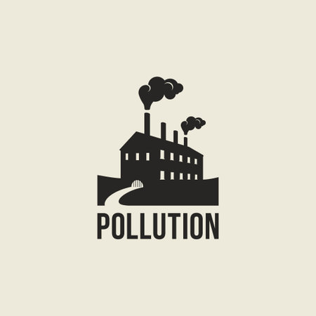 Pollution logo concept design. Factory industry building with chimney, smokes and river Pollution logo concept. Pollution vector iconのイラスト素材