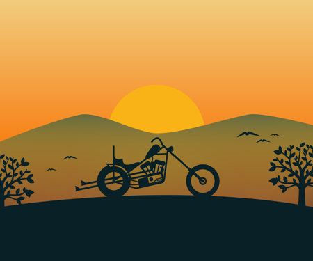 Chopper motorcycle in nature mountains with sunset vibes vector illustrationのイラスト素材