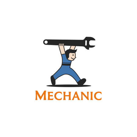 Mechanic with wrench funny cartoon logo design template. Repairman vector icon.のイラスト素材