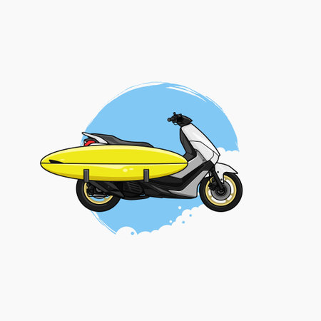Surfboard carry by scooter moped illustration. Surfboard rack logo icon cartoon fresh styleのイラスト素材