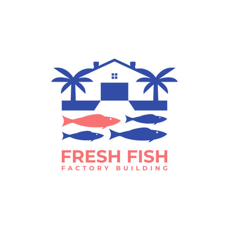 Fishes with warehouse building, fish market logo vector icon, sign design illustrationのイラスト素材