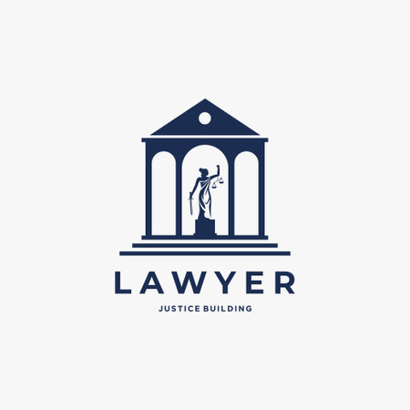 Lady justice with courthouse building logo design vector illustration. staLaw Firm Logo Template. Lawyer, attorney, jurist, judge, advocate, juridical symbolのイラスト素材