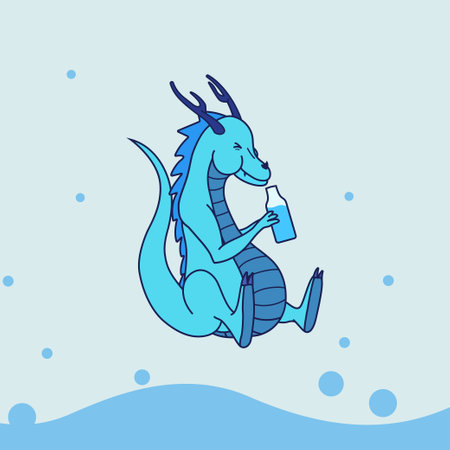 blue dragon holding bottle drink water cute cartoon vector illustrationのイラスト素材