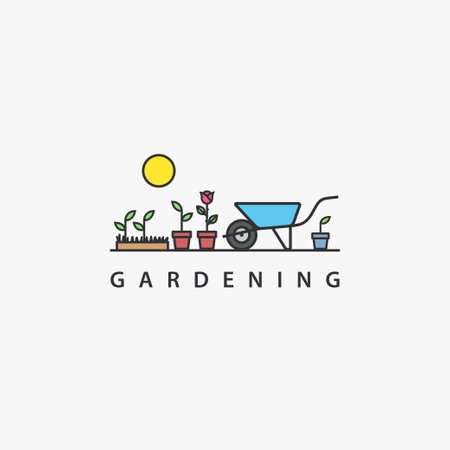 Wheel barrow with flower pots summer Gardening planting logo template vector icon illustrationのイラスト素材