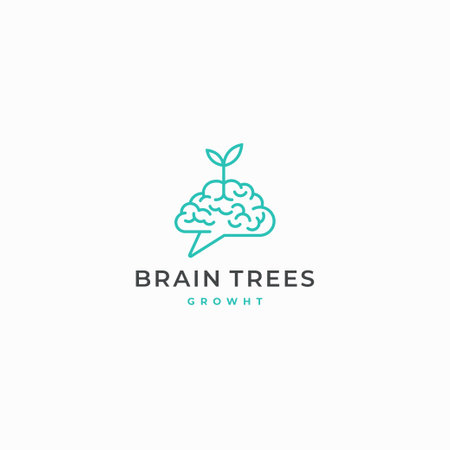 Brain with plant leaf linear outline simple logo designのイラスト素材