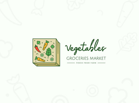 paper bag or shopping bag with vegetables, healthy food groceries market logo vector icon illustrationのイラスト素材