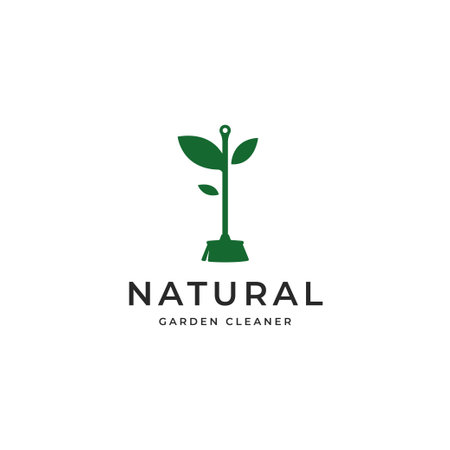 Broom with Plant leaf nature logo design. Cleaning service unique logo minimal icon Vector illustration. Isolated on white backgroundのイラスト素材