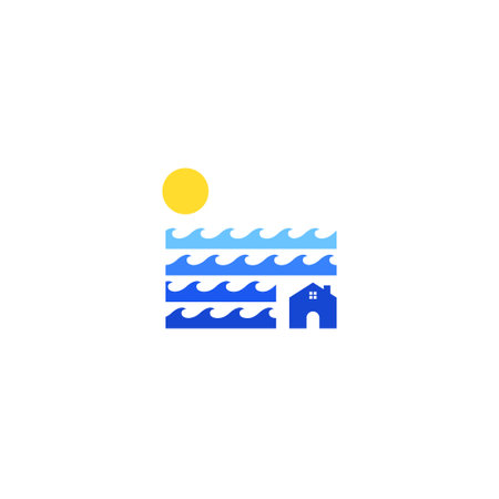 water waves ocean beach house with sun minimal logo vector icon tee design conceptのイラスト素材