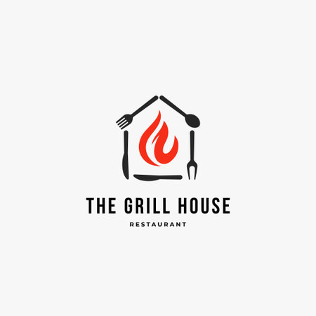 grill house logo design. Illustration of cutlery with home and fire flame , barbeque restaurant logo design conceptのイラスト素材