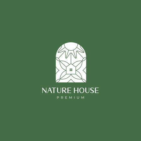 Boho house with nature elements minimal flat logo design vector badge iconのイラスト素材