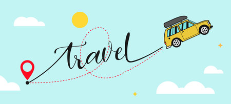 Travel text lettering with car and map pin road trip route logo vector illustration. Flat style design for banner, web, site, advertising, print, poster, brochureのイラスト素材