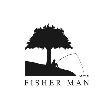 Fisher man sitting under the big tree vector illustration. Simple logo icon sign templateのイラスト素材