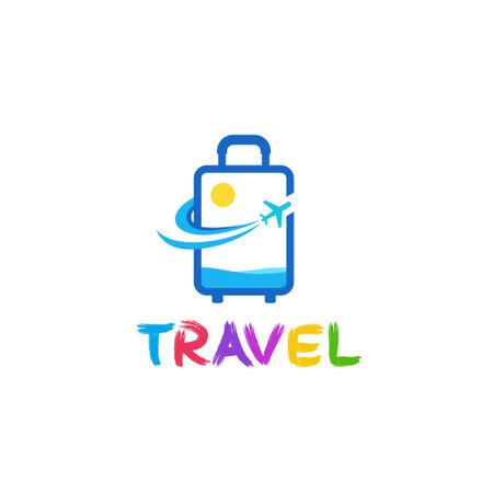 Suitcase with plane and nature beach element logo design concept. Travel icon modern designのイラスト素材