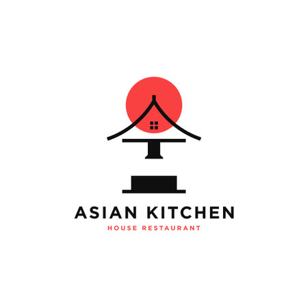 Asian roof house with kitchen island combination logo. Asian food restaurant logo design concept vector illustrationのイラスト素材