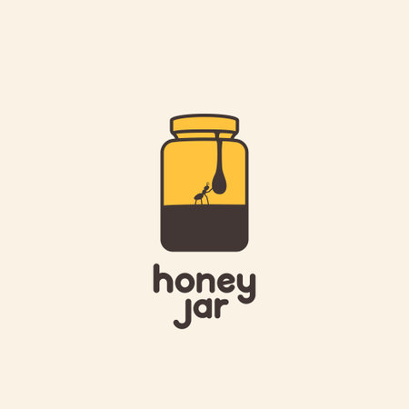 Honey jar with an ant logo template. Vector illustration in flat design styleのイラスト素材