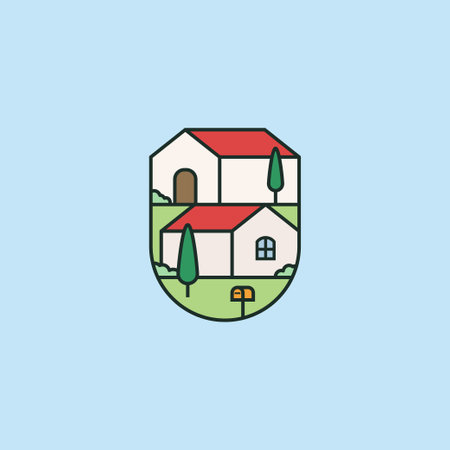 Rural houses with trees and mail box badge logo vector illustration. Colorful cheerful designのイラスト素材