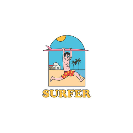 Vector illustration of a man on the beach carry surfboard over his hand. Summer beach activity logo badge tee designのイラスト素材