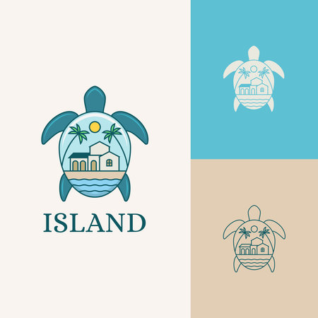 Beach house in turtle shell loo. Summer vibes at beach tropical house villa logo design vector illustrationのイラスト素材