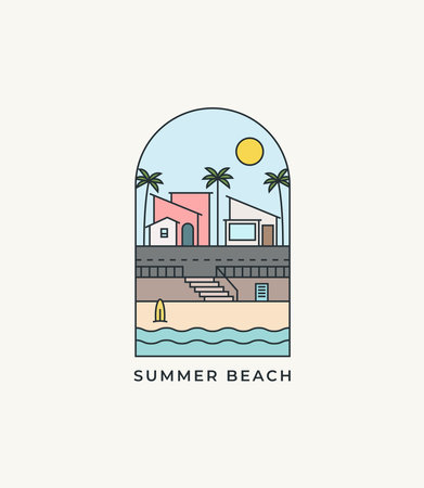 Vector illustration with house on the beach in flat linear style. Summer vacation concept.のイラスト素材