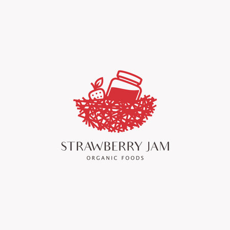 Strawberry jam logo template. Strawberry fruit jam jar in nest nature food logo vector icon illustrationのイラスト素材