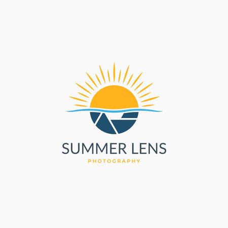 Sun with water waves and shutter lens camera combination logo design concept. Vector illustrationのイラスト素材