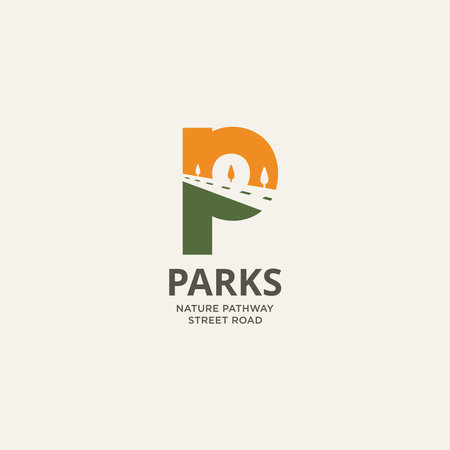 Letter P with street and trees logo. park pathway icon sign symbol template