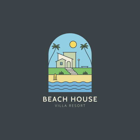 Beach house logo. Villa resort icon colorful vector illustration. Tropical vibes theme holiday logoのイラスト素材