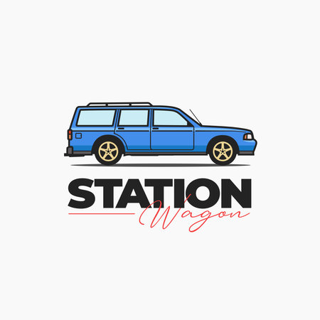 Station wagon car colorful side view cartoon vector illustration. Car logo, poster, tee print designのイラスト素材