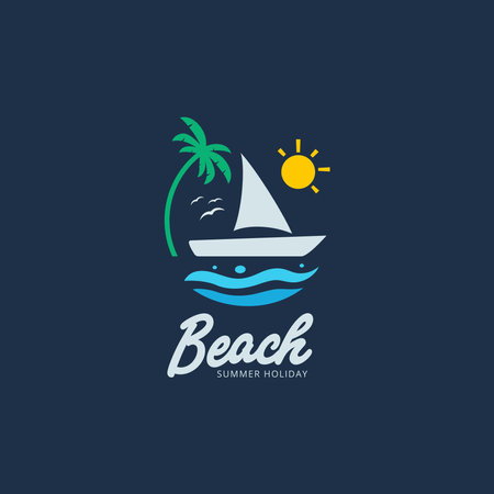 Sailing boat on beach with coconut tree and sun summer theme vector logo, t shirt design conceptのイラスト素材