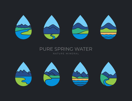 Set of water drop icons featuring mountain and nature landscapes within teardrop shapes, illustrated in blue and green color schemeのイラスト素材