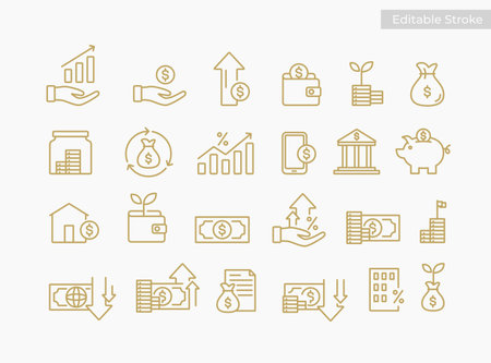 Premium Finance icons set simple line art outline graphic style. Business investment money growth, financial accounting, income, economy symbol icons. Editable stokeのイラスト素材