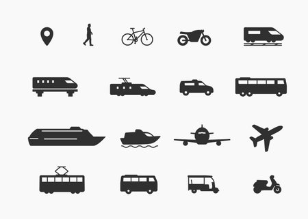 Public transport flat icons set. Transportations silhouette simple minimal style symbol icon vector illustrationのイラスト素材