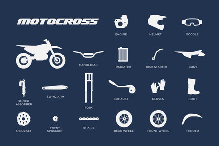 Motocross simple flat icon set. Web infographic design icon. Dirt bike parts symbol vector illustrationのイラスト素材