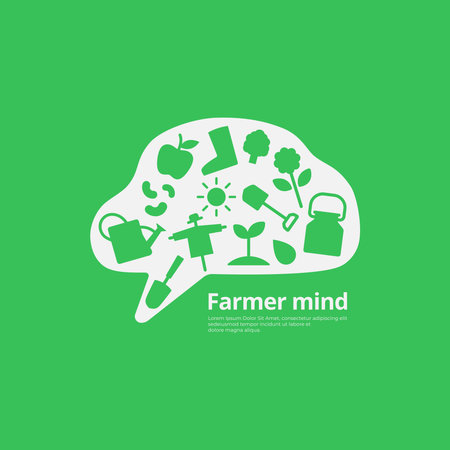 Farmer mind  design concept. Gardening and farming tools symbol with brain  combination. Smart agriculture symbol signのイラスト素材