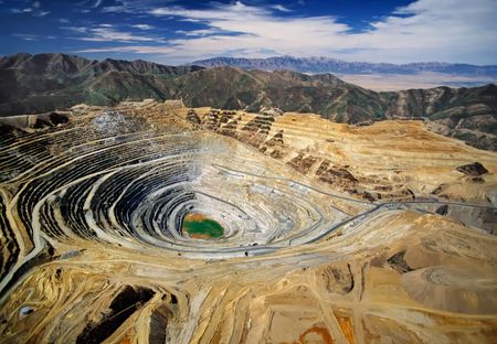 Aerial view of Kennecott's Bingham Canyon Mine - an open-pit copper mine - largest man-made...
