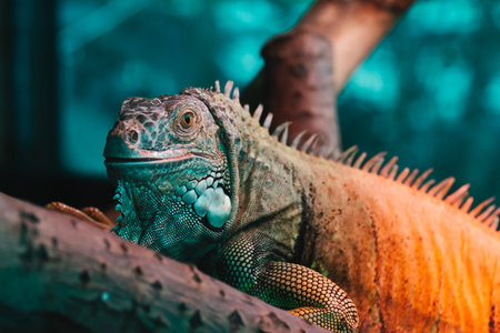 Close up of a green iguana on a branch in a zoo