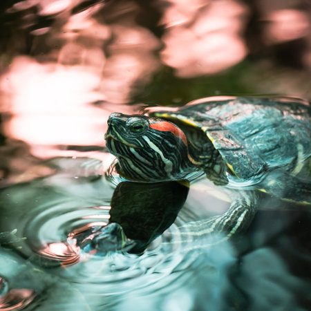 Red-eared slider turtle, Trachemys scripta elegans, swimming in water.の写真素材