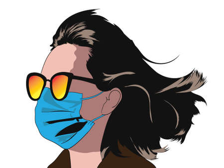 A fictional comic illustration of a young lady with short hair and sunglasses wearing mask to avoid infectionのイラスト素材