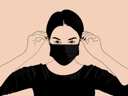 Fictional young girl wearing triple layered mask to avoid virus infection, a cartoon illustrationのイラスト素材