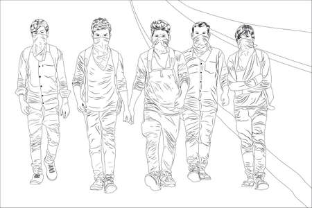 migrant workers returning home by road due to virus pandemicのイラスト素材