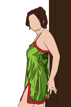 A young lady wearing baby doll lingerie stood leaning against the door cartoon artのイラスト素材
