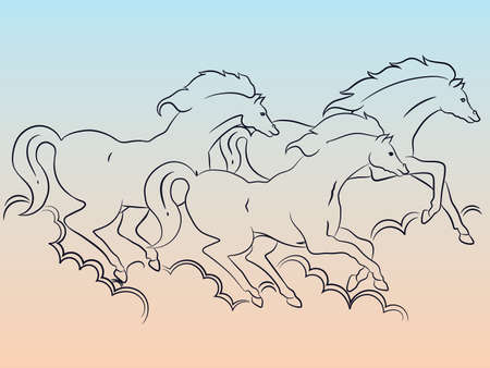 Three horses are blowing dust and running very fast line artのイラスト素材