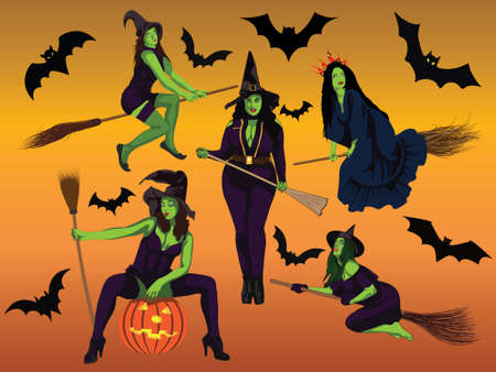 Five Halloween witches set with different figure size and style with pumpkins or flying broom cartoon artのイラスト素材
